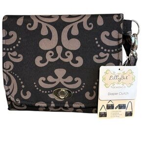 LillyBit Black and Gray Damask Pattern Diaper Clutch Tri Fold Adjustable New
